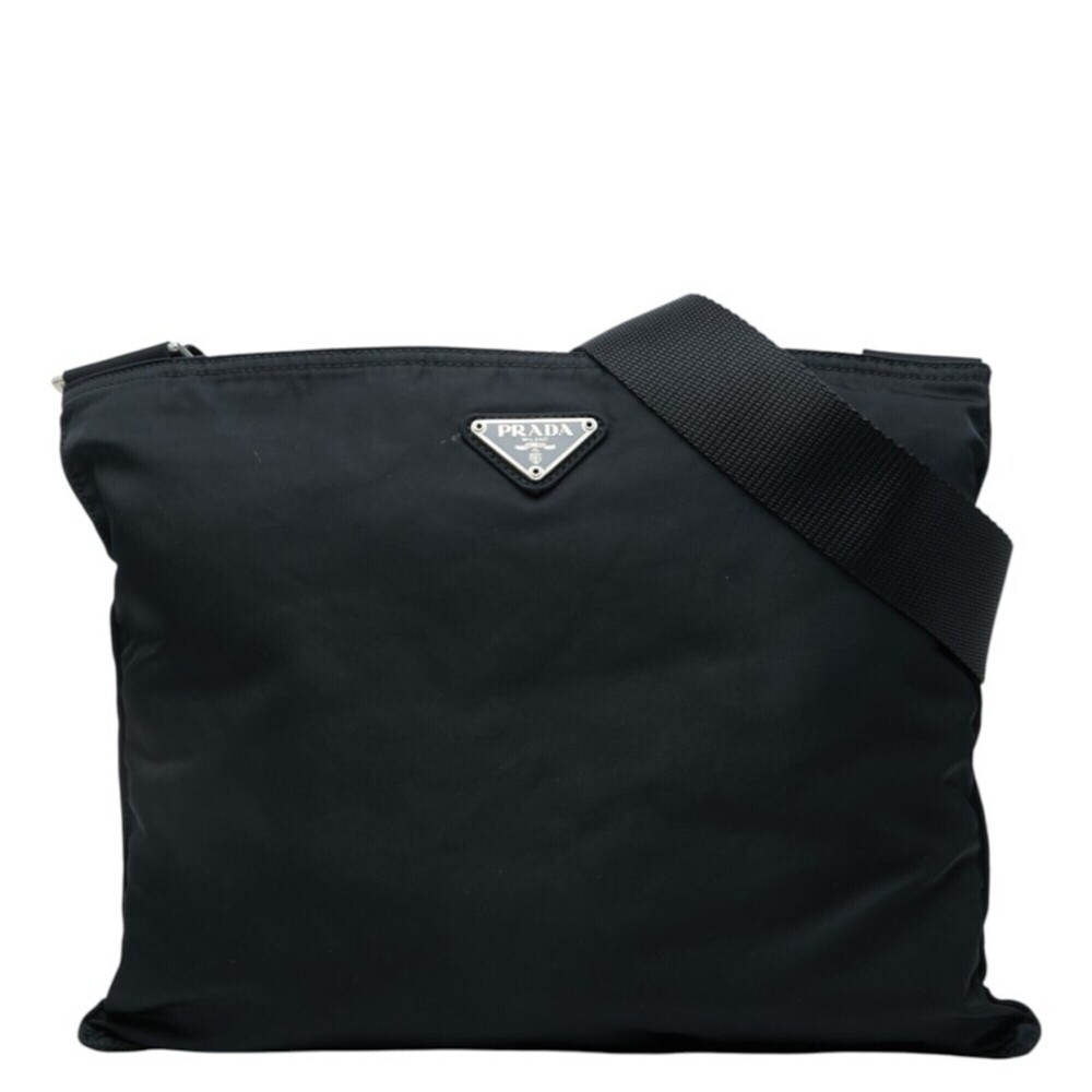 Prada Triangle Logo Plate Crossbody Shoulder Bag, Black Nylon, Women's PRADA